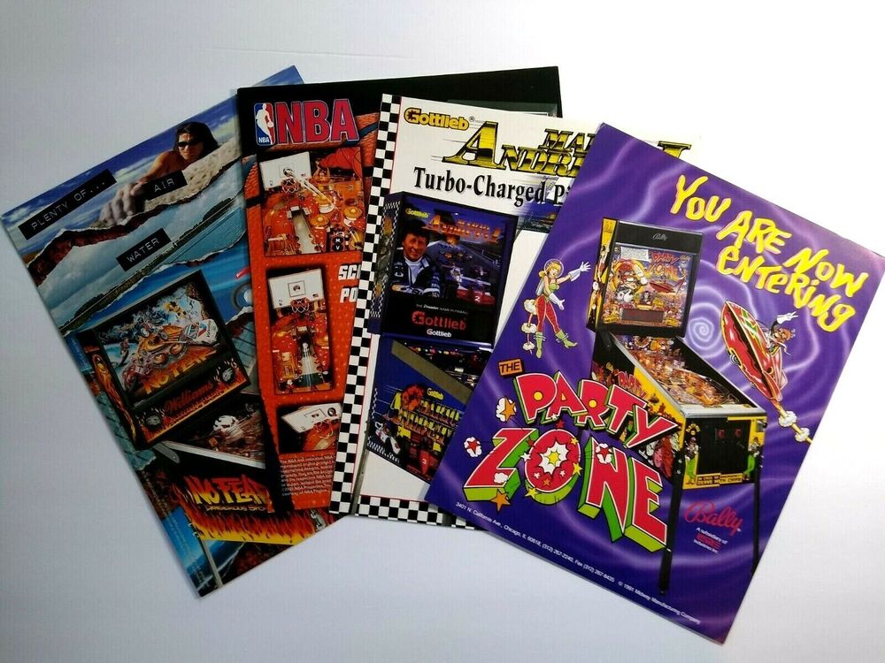 Pinball Flyers Lot Of 4 Games No Fear NBA Mario Andretti Bally Party Zone #66